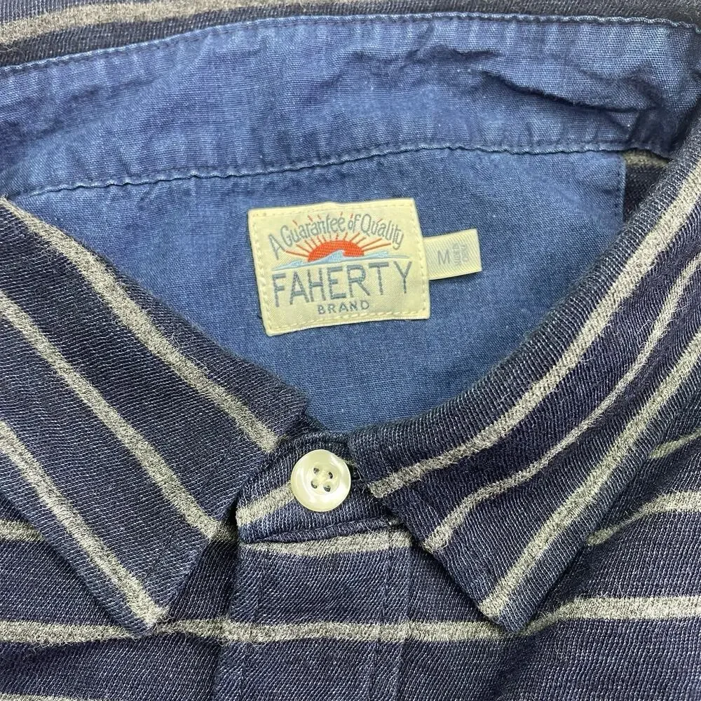 Faherty LS Polo Shirt Mens Medium Collared Blue White Stripes